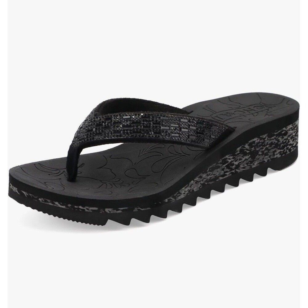 ONCAI Women's Black Rhinestone Wedge Flip Flop Sandals Size 7 Comfort NWOB